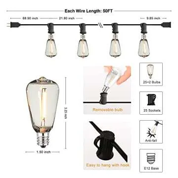 DAMAING 50 FT Waterproof Outdoor String Lights with 27 Bulbs
