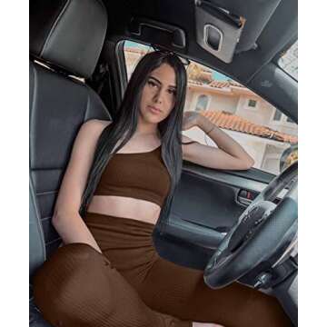 OQQ Women's 4 Piece Outfits Ribbed Exercise Scoop Neck Sports Bra One Shoulder Tops High Waist Shorts Leggings Active Set Coffee