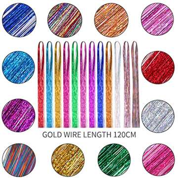 Hair Tinsel Kit with Tools 47 Inches 12 Colors 2600 Strands Fairy Hair Tinsel Sparkling Shiny Glitter Hair Extension Tinsel Kit for Women Girls
