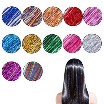 Hair Tinsel Kit with Tools 47 Inches 12 Colors 2600 Strands Fairy Hair Tinsel Sparkling Shiny Glitter Hair Extension Tinsel Kit for Women Girls