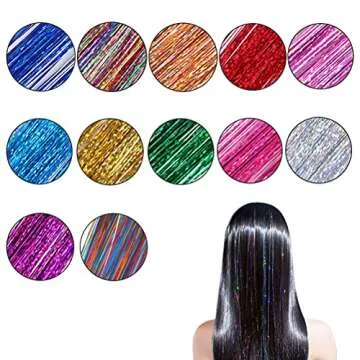 Hair Tinsel Kit with Tools 47 Inches 12 Colors 2600 Strands Fairy Hair Tinsel Sparkling Shiny Glitter Hair Extension Tinsel Kit for Women Girls