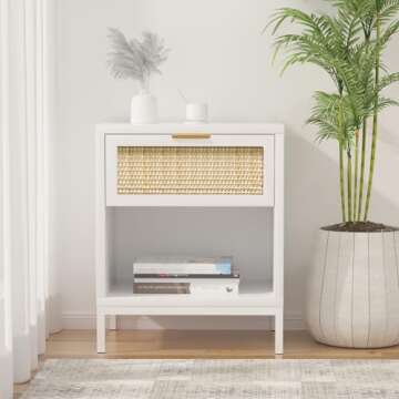 Anmytek White Nightstand with Rattan Decor Drawer, Mid Century Modern End Table with Open Storage, Farmhouse Night Stand, Small Side Table for Bedroom