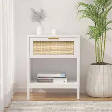 Anmytek White Nightstand with Rattan Decor Drawer, Mid Century Modern End Table with Open Storage, Farmhouse Night Stand, Small Side Table for Bedroom