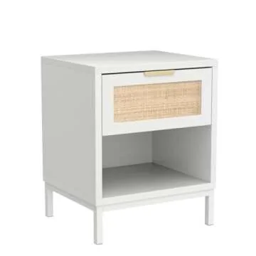 Anmytek White Nightstand with Rattan Decor Drawer, Mid Century Modern End Table with Open Storage, Farmhouse Night Stand, Small Side Table for Bedroom