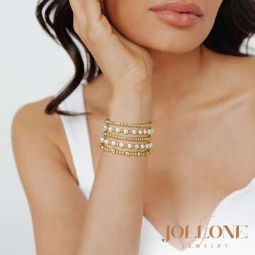 jollone Gold Bracelets for Women Gold Bracelet Stack Pearl Bracelet Beaded Bracelets for Women 14K G...