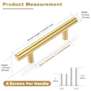 Estmoon 30 Pack Brushed Brass Cabinet Handles Gold 3 Inch Hole Center Cabinet Pulls Stainless Steel Drawer Handles Kitchen Cabinet Hardware Pulls for Cabinets and Drawers - 5" Length, 3" Hole Center