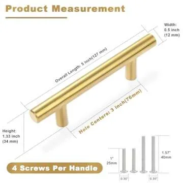 Estmoon 30 Pack Brushed Brass Cabinet Handles Gold 3 Inch Hole Center Cabinet Pulls Stainless Steel Drawer Handles Kitchen Cabinet Hardware Pulls for Cabinets and Drawers - 5" Length, 3" Hole Center