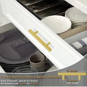 Estmoon 30 Pack Brushed Brass Cabinet Handles Gold 3 Inch Hole Center Cabinet Pulls Stainless Steel Drawer Handles Kitchen Cabinet Hardware Pulls for Cabinets and Drawers - 5" Length, 3" Hole Center