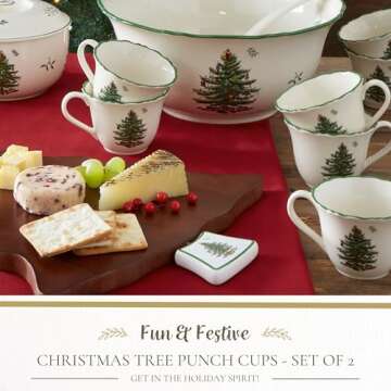 Spode Christmas Tree Punch Cups - Set of 2 Holiday Mugs for Espresso, Tea, Coffee - 8 Oz Porcelain C...
