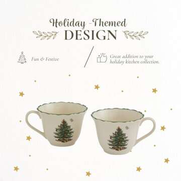 Spode Christmas Tree Punch Cups - Set of 2 Holiday Mugs for Espresso, Tea, Coffee - 8 Oz Porcelain Cups with Scalloped Rim, Christmas Design - Microwave & Dishwasher Safe
