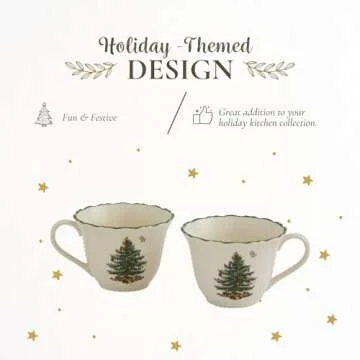 Spode Christmas Tree Punch Cups - Set of 2 Holiday Mugs for Espresso, Tea, Coffee - 8 Oz Porcelain Cups with Scalloped Rim, Christmas Design - Microwave & Dishwasher Safe
