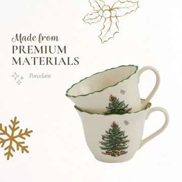 Spode Christmas Tree Punch Cups - Set of 2 Holiday Mugs for Espresso, Tea, Coffee - 8 Oz Porcelain Cups with Scalloped Rim, Christmas Design - Microwave & Dishwasher Safe