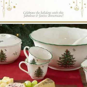 Spode Christmas Tree Punch Cups - Set of 2 Holiday Mugs for Espresso, Tea, Coffee - 8 Oz Porcelain Cups with Scalloped Rim, Christmas Design - Microwave & Dishwasher Safe