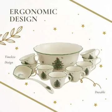 Spode Christmas Tree Punch Cups - Set of 2 Holiday Mugs for Espresso, Tea, Coffee - 8 Oz Porcelain Cups with Scalloped Rim, Christmas Design - Microwave & Dishwasher Safe