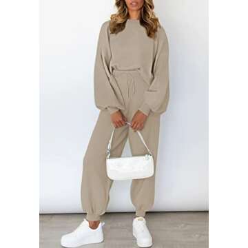 Viottiset Women's 2 Piece Outfits Sweater Set Long Sleeve Casual Knit Pullover Sweatsuit Loungewear Khaki XL