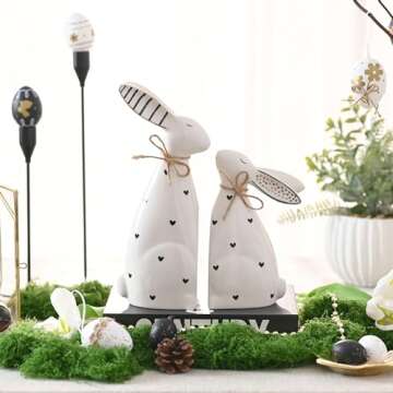 Valery Madelyn Easter Bunny Decorations for Home, 2Pcs Ceramic White Rabbit Statue Figurine Spring D...