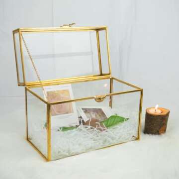 YIMORENCE V Gold Glass Card Holder - Rectangle Shape Wedding Envelope Box with Slot and Foot, Perfect for Reception and Party Centerpiece