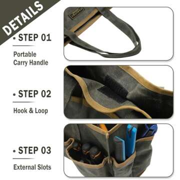 Tool Tote Bag, Heavy Duty 16oz Waxed Canvas Garden Tool Carrying Bag (Army Green), Portable 11 Pockets Tool Storage Bag | for Gardener Electrician Contractor Repairman | 14"L x 5.5"W x 10.5"H