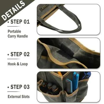 Tool Tote Bag, Heavy Duty 16oz Waxed Canvas Garden Tool Carrying Bag (Army Green), Portable 11 Pockets Tool Storage Bag | for Gardener Electrician Contractor Repairman | 14"L x 5.5"W x 10.5"H