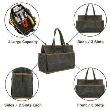 Tool Tote Bag, Heavy Duty 16oz Waxed Canvas Garden Tool Carrying Bag (Army Green), Portable 11 Pockets Tool Storage Bag | for Gardener Electrician Contractor Repairman | 14"L x 5.5"W x 10.5"H