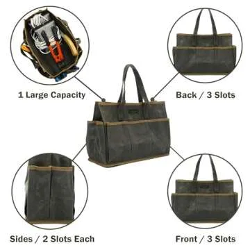 Tool Tote Bag, Heavy Duty 16oz Waxed Canvas Garden Tool Carrying Bag (Army Green), Portable 11 Pockets Tool Storage Bag | for Gardener Electrician Contractor Repairman | 14"L x 5.5"W x 10.5"H