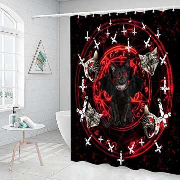 JAWO Cat Shower Curtain for Bathroom, Funny Black Cat Bath Curtain,Goth Shower Curtain,Scary Cat Pentagram Death Durable Waterproof Polyester Fabric Bathroom Curtains,Red