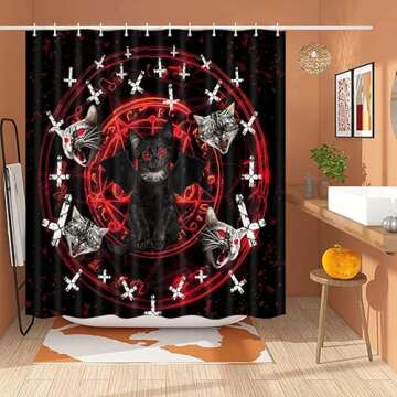 JAWO Cat Shower Curtain for Bathroom, Funny Black Cat Bath Curtain,Goth Shower Curtain,Scary Cat Pentagram Death Durable Waterproof Polyester Fabric Bathroom Curtains,Red
