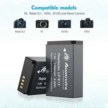 Powerextra 2 Pack Replacment Compatible with LP-E12 Battery and Charger for SX70 HS Rebel SL1 M M2 M10 M50 M100 Mirrorless Digital Cameras