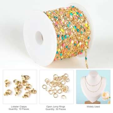 Kyutong 16.4 Feet Gold Plated Stainless Steel Chain Necklace Colorful Enamel Beaded Chains Bulk Thin...