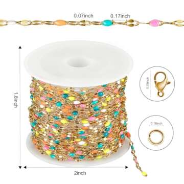 Kyutong 16.4 Feet Gold Plated Stainless Steel Chain Necklace Colorful Enamel Beaded Chains Bulk Thin Lip Chain Link with Lobster Clasps Jump Rings for DIY Jewelry Making