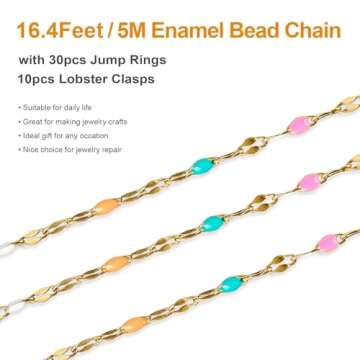 Kyutong 16.4 Feet Gold Plated Stainless Steel Chain Necklace Colorful Enamel Beaded Chains Bulk Thin Lip Chain Link with Lobster Clasps Jump Rings for DIY Jewelry Making