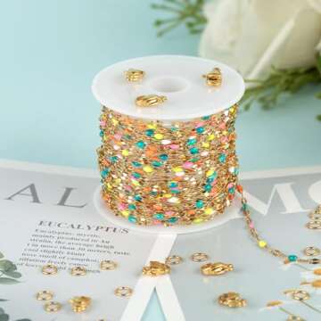 Kyutong 16.4 Feet Gold Plated Stainless Steel Chain Necklace Colorful Enamel Beaded Chains Bulk Thin Lip Chain Link with Lobster Clasps Jump Rings for DIY Jewelry Making