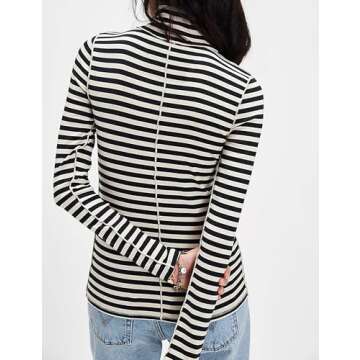 Megfie Womens Turtleneck Long Sleeve Shirt Slim Fit Stretch Striped Blouses Basic Tops Outfits 2024