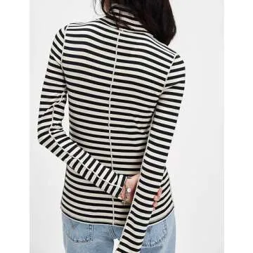 Megfie Womens Turtleneck Long Sleeve Shirt Slim Fit Stretch Striped Blouses Basic Tops Outfits 2024