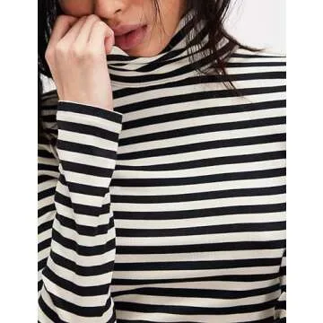 Megfie Womens Turtleneck Long Sleeve Shirt Slim Fit Stretch Striped Blouses Basic Tops Outfits 2024