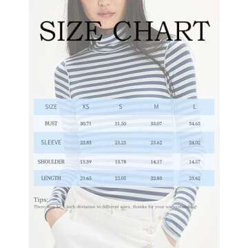 Megfie Womens Turtleneck Long Sleeve Shirt Slim Fit Stretch Striped Blouses Basic Tops Outfits 2024