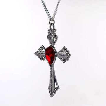 Medieval Renaissance Cross with Red Stone Silver Finish Pendant Necklace
