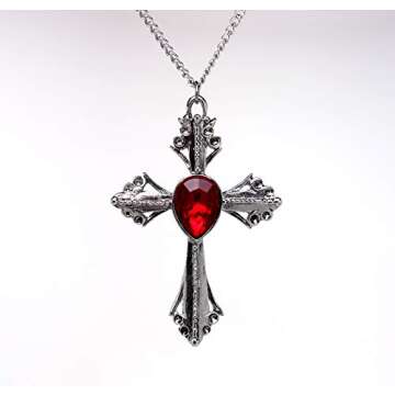 Medieval Renaissance Cross with Red Stone Silver Finish Pendant Necklace