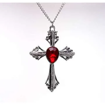 Medieval Renaissance Cross with Red Stone Silver Finish Pendant Necklace