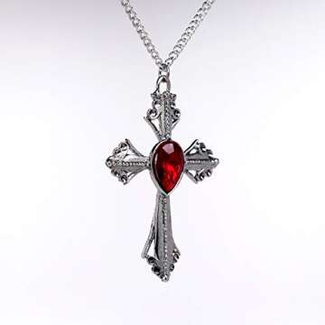 Medieval Renaissance Cross with Red Stone Silver Finish Pendant Necklace