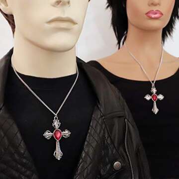 Medieval Renaissance Cross with Red Stone Silver Finish Pendant Necklace