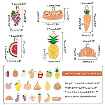 PH PandaHall 40pcs Fruit Vegetable Pendants, 20 Styles Food Charms Enamel Strawberry Peach Mango Pumpkin Pizza Bread Dangle Pendants for DIY Necklace Bracelet Earrings Jewelry Making