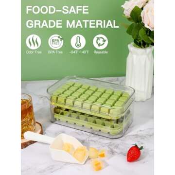 Doonly Easy Release Ice Cube Tray with Lid and Bin, 2 Pack Ice Cube Trays for Freezer, 64 Pcs Ice Trays for Whiskey Cocktail, Tea, Coffee (Green)