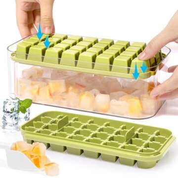 Doonly Easy Release Ice Cube Tray with Lid and Bin, 2 Pack Ice Cube Trays for Freezer, 64 Pcs Ice Trays for Whiskey Cocktail, Tea, Coffee (Green)
