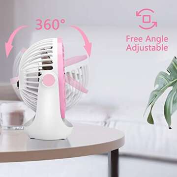 Aluan Desk Fan Small Table Fan with Strong Airflow Ultra Quiet Portable Fan Speed Adjustable Head 360°Rotatable Mini Personal Fan for Home Office Bedroom Table and Desktop, Pink