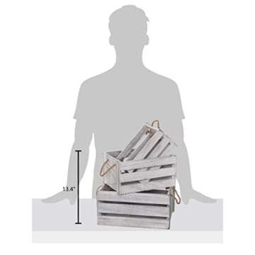 SLPR Set of 3 Rustic White Wooden Crates for Display with Rope Handles: Wood Crate Boxes for Storage and Decoration, Vintage Farmhouse Distressed Décor Bins, Decorative Crate Storage for Organizing