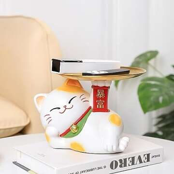 Lucky Cat Decorative Tray, Resin Being Rich Cat Statue Entrance Key Holder Snack Storage Tray, Cute ...
