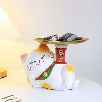 Lucky Cat Decorative Tray, Resin Being Rich Cat Statue Entrance Key Holder Snack Storage Tray, Cute Cat Sculpture Candy Bowl for Home Office Table Desk Decoration