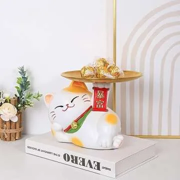 Lucky Cat Decorative Tray, Resin Being Rich Cat Statue Entrance Key Holder Snack Storage Tray, Cute Cat Sculpture Candy Bowl for Home Office Table Desk Decoration
