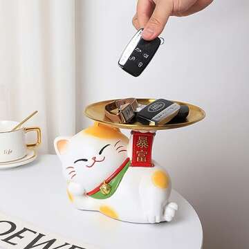 Lucky Cat Decorative Tray, Resin Being Rich Cat Statue Entrance Key Holder Snack Storage Tray, Cute Cat Sculpture Candy Bowl for Home Office Table Desk Decoration